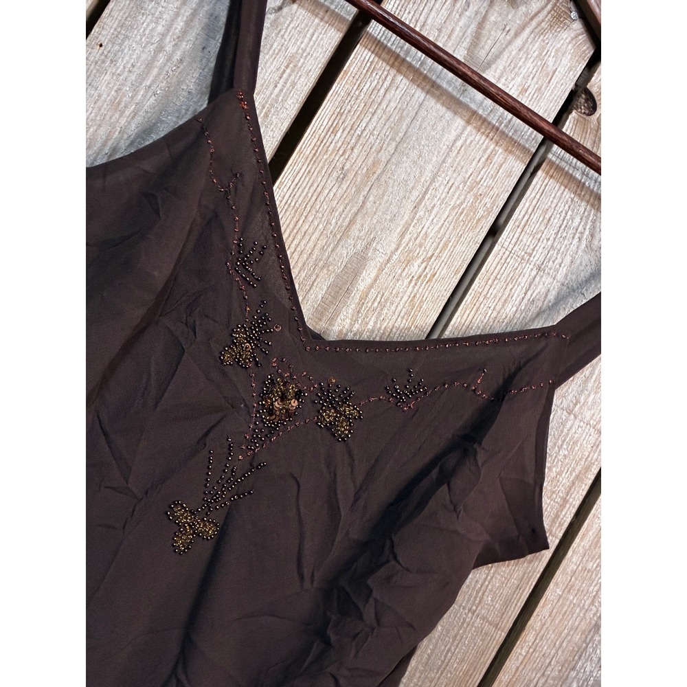 Studio JPR Brown 100% Silk Beaded Scalloped Hem Camisole Tank Top Medium
